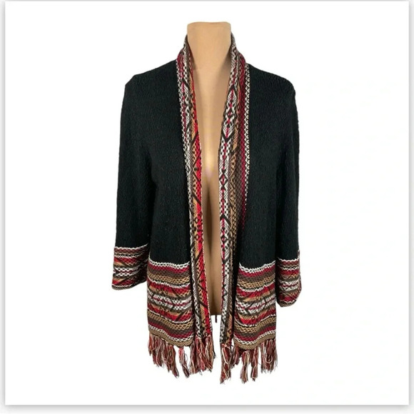 Ruby Rd. black southwest print 3/4 sleeve fringed open cardigan Size Large - Picture 3 of 9
